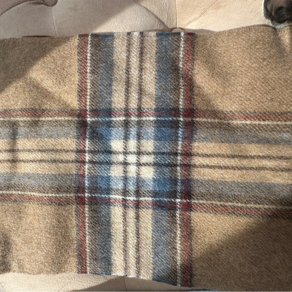 Merino Plaid Wool Scarf in Tan and Blue